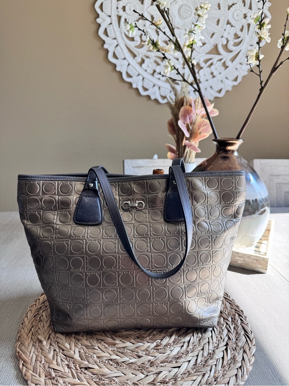 Salvatore Ferragamo Metallic Quilted Logo Tote